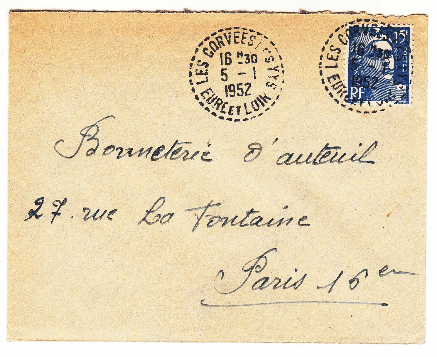 LETTRE LES CORVEES LES YYS POUR PARIS SEUL SUR LETTRE GANDON CACHET PERLE 1952 123849427776