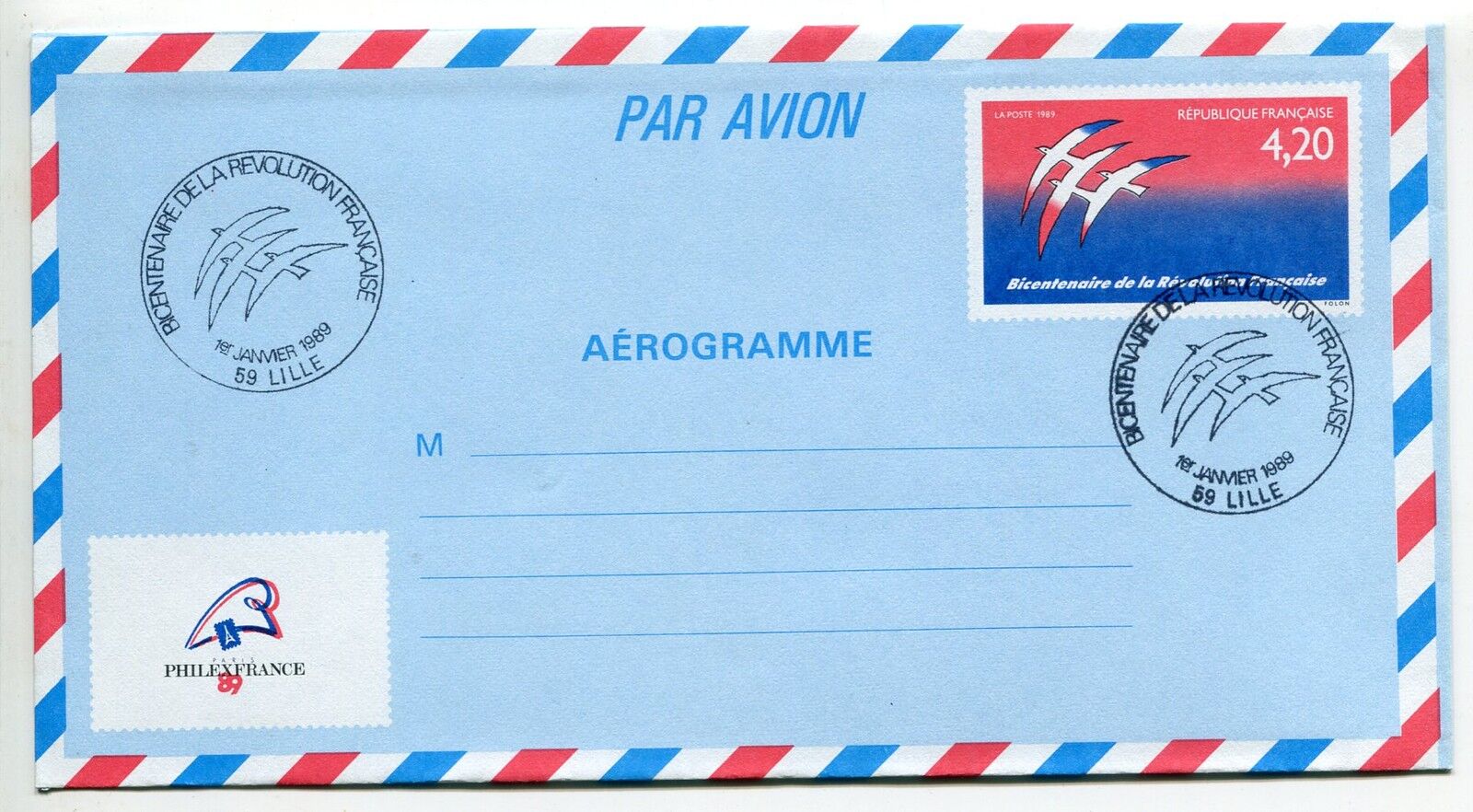 LETTRE LILLE AEROGRAMME PREMIER JOUR BICENTENAIRE REVOLUTION 121170969046