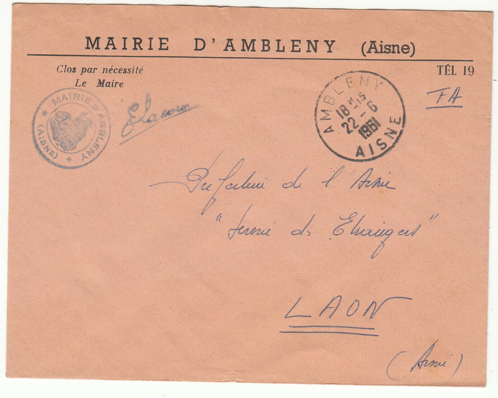 LETTRE MAIRIE D AMBLENY POUR LAON 1961 124071988026