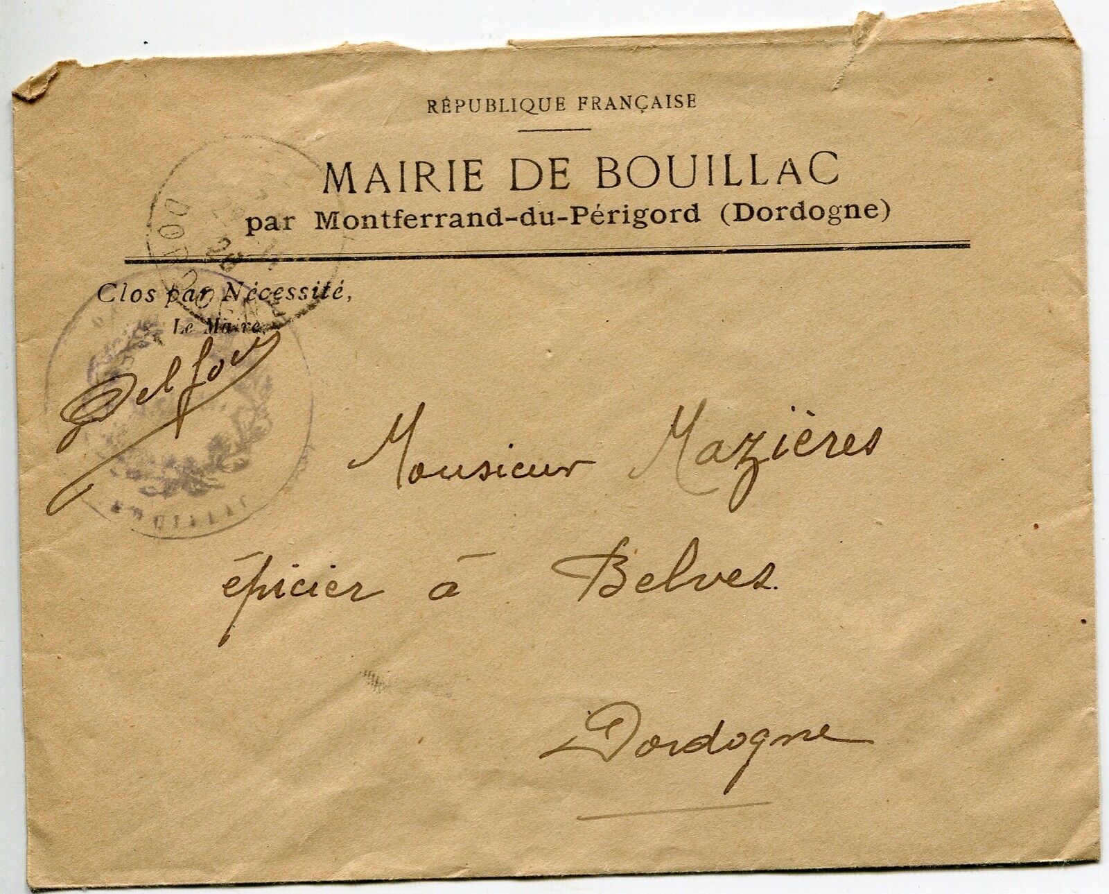 LETTRE MAIRIE DE BOUILLAC POUR BELVES 1926 400782424026