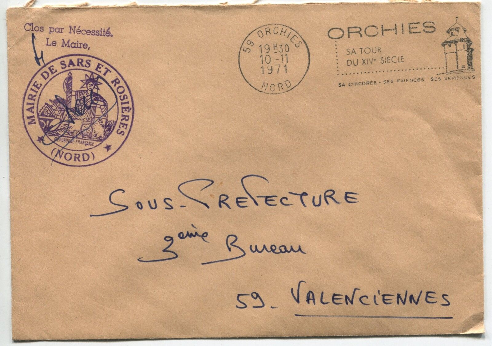 LETTRE MAIRIE DE SARS ET ROSIERES POUR LA SOUS PREFEC VALENCIENNES 1971 FLAMME 120890442586