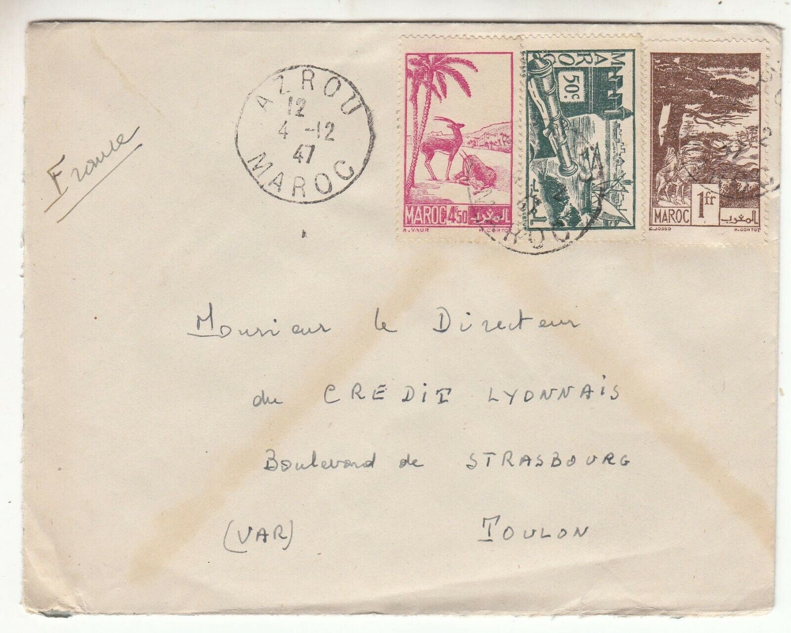 LETTRE MAROC AZROU POUR TOULON 1947 CREDIT LYONNAIS 401753712326