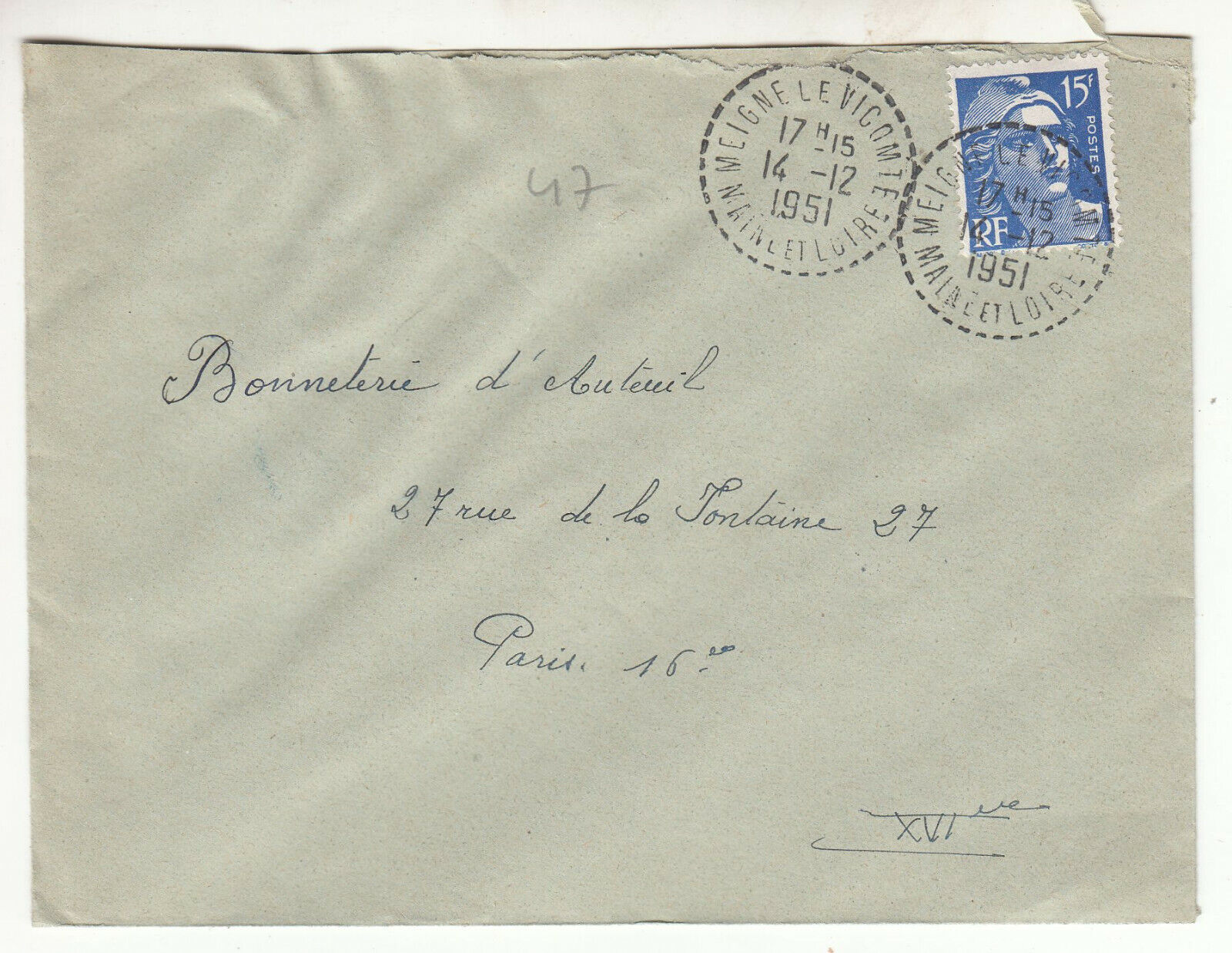 LETTRE MEIGNE LE VICOMTE POUR PARIS 1951 GANDON CACHET PERLE 401880875556