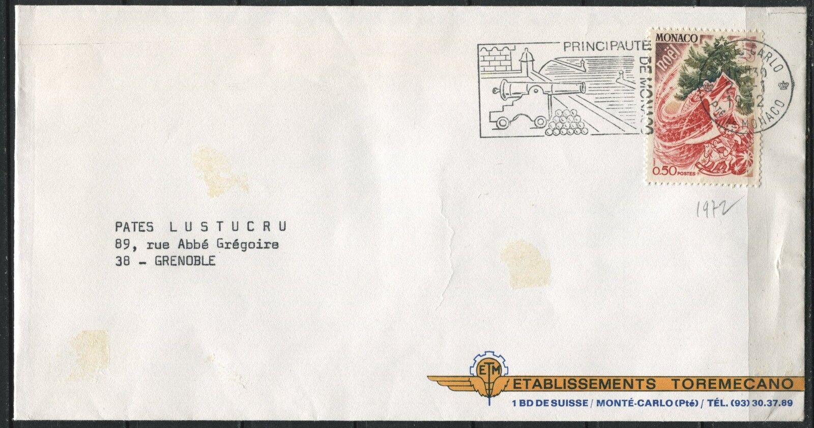 LETTRE MONACO MONTE CARLOPOUR GRENOBLE 1972 FLAMME 110936509886