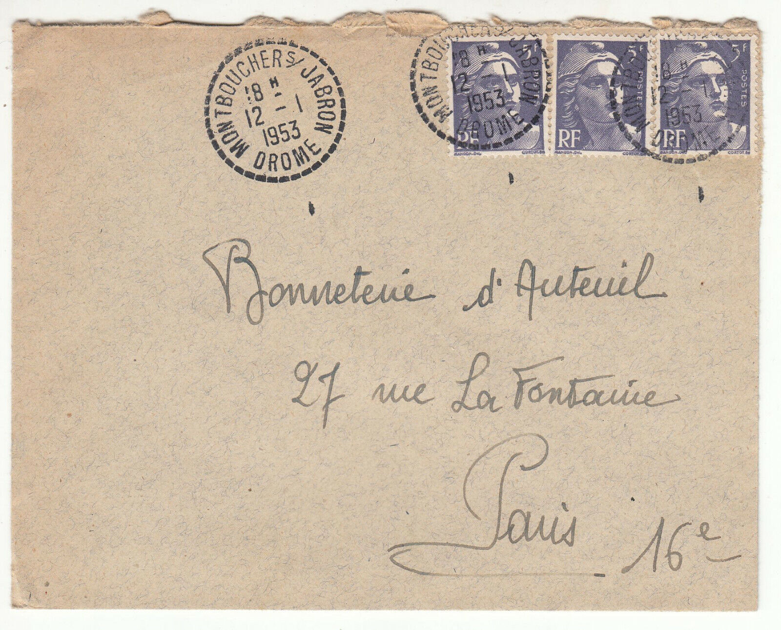 LETTRE MONTBOUCHER SUR JABRON DROME POUR PARIS GANDON CACHET PERLE 1953 401826446936