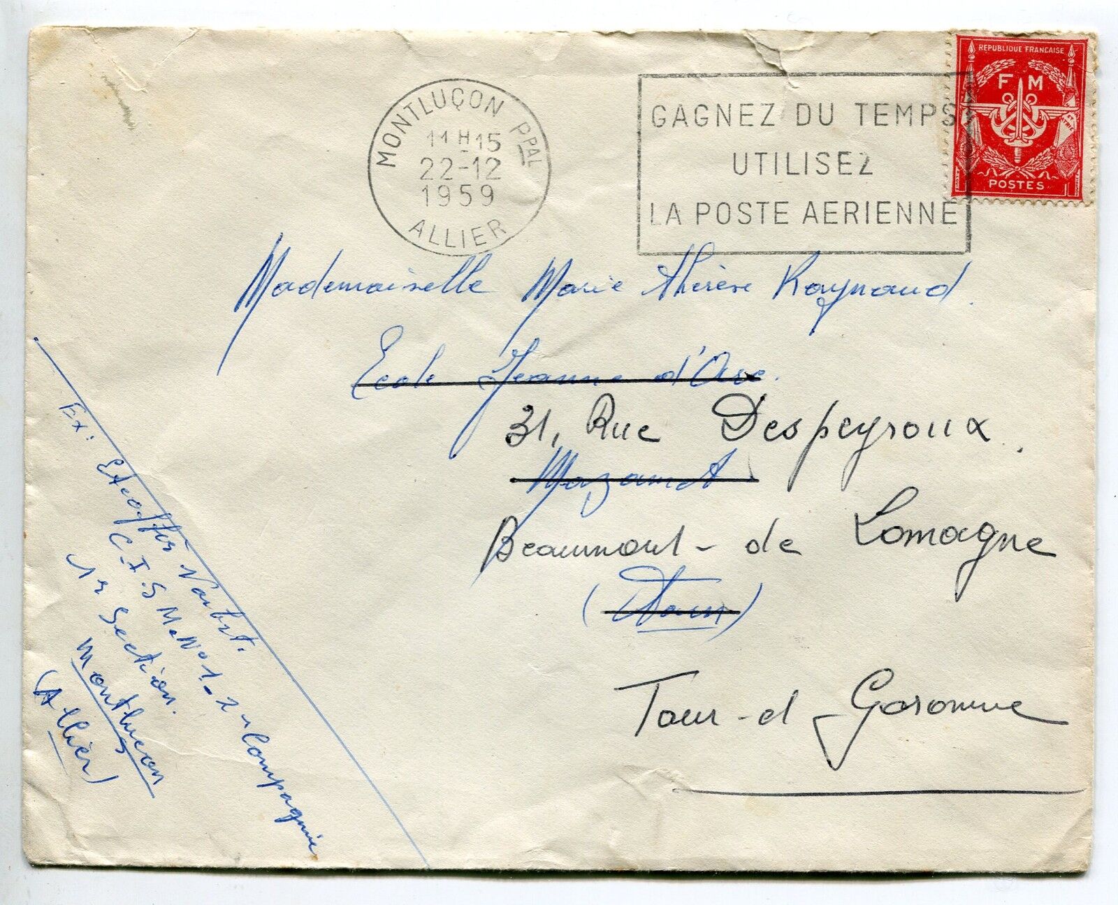 LETTRE MONTLUCON POUR BEAUMONT DE LOMAGNE 1959 CACHET FLAMME 400678766006