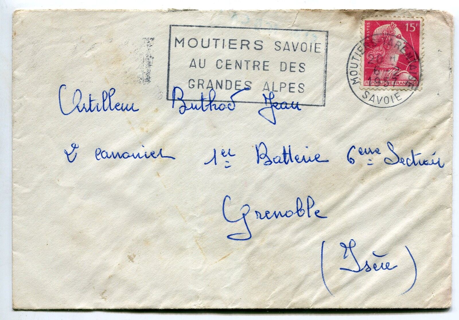 LETTRE MOUTIERS TARENTAISE SAVOIE POUR GRENOBLE 1957 MILITAIRE FLAMME CACHET 121295964176