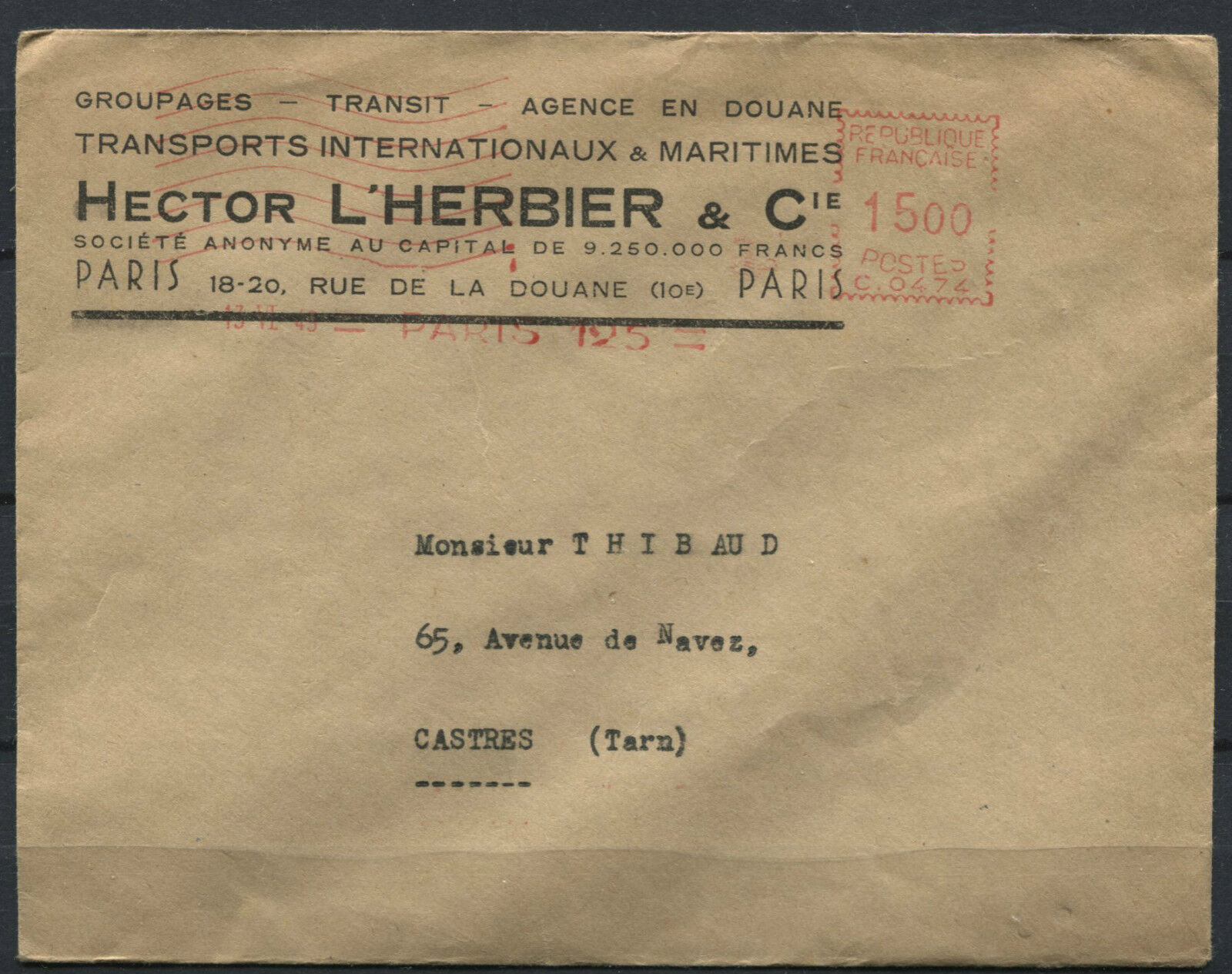 LETTRE PARIS POUR CASTRES FLAMME SA HECTOR L HERBIER TRANSPORT INTERNATIONAU 120853777766