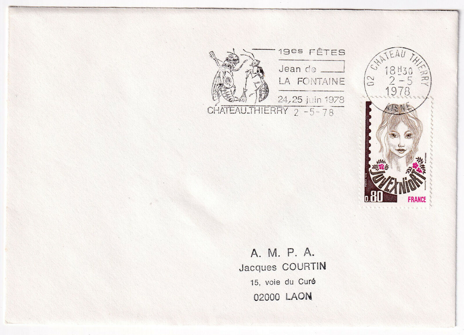 LETTRE PHILATELIQUE CHATEAU THIERRY FLAMME 19 FETES DE JEAN DE LA FONTAINE 1978 124962951696