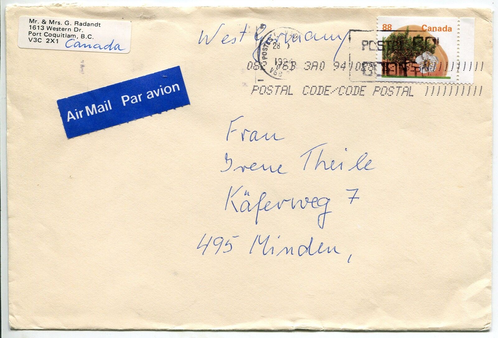 LETTRE PORT COQUITIAM CANADA MINDEN 1994 PAR AVION AIR MAIL 400731684476