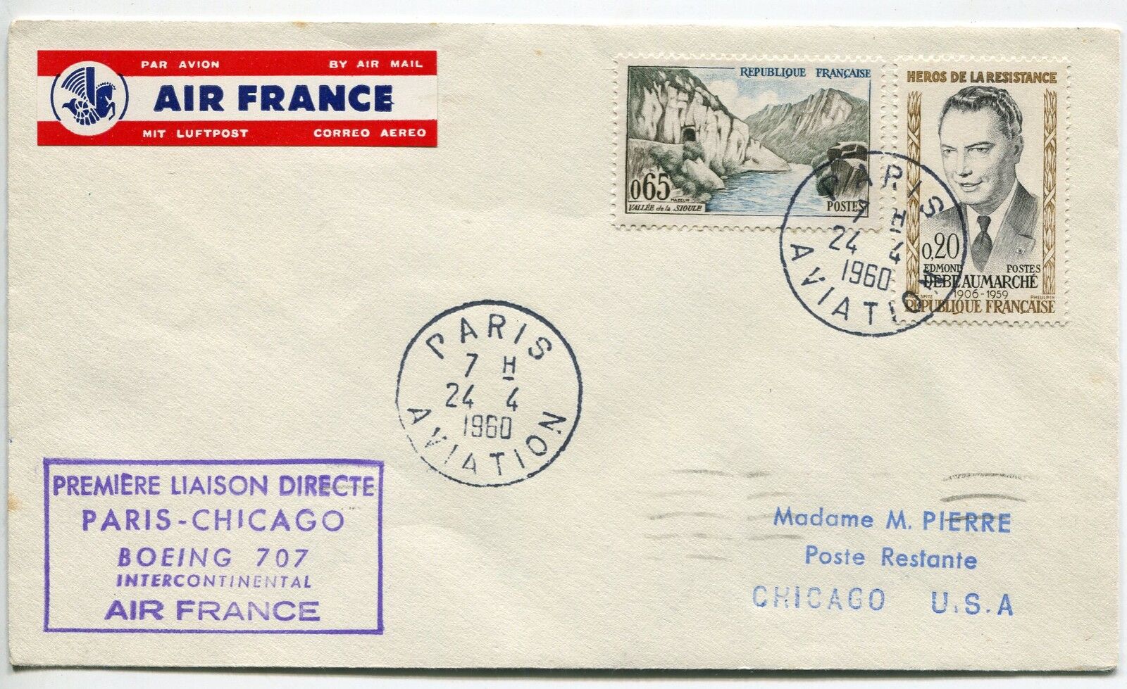 LETTRE PREMIER VOL PARIS CHICAGO USA 1960 AIR FRANCE BOEING 707 400787479926