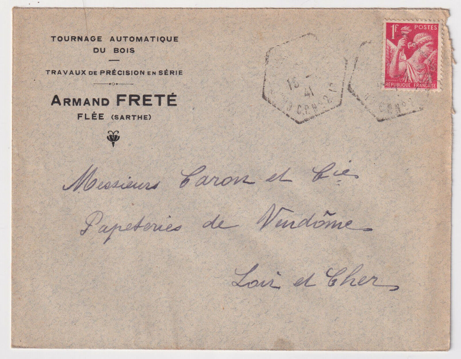 LETTRE PUBLICITAIRE 1941 TOURNAGE AUTOMATIQUE DU BOIS ARMAND FRETE A FLEE SARTHE 124959846656