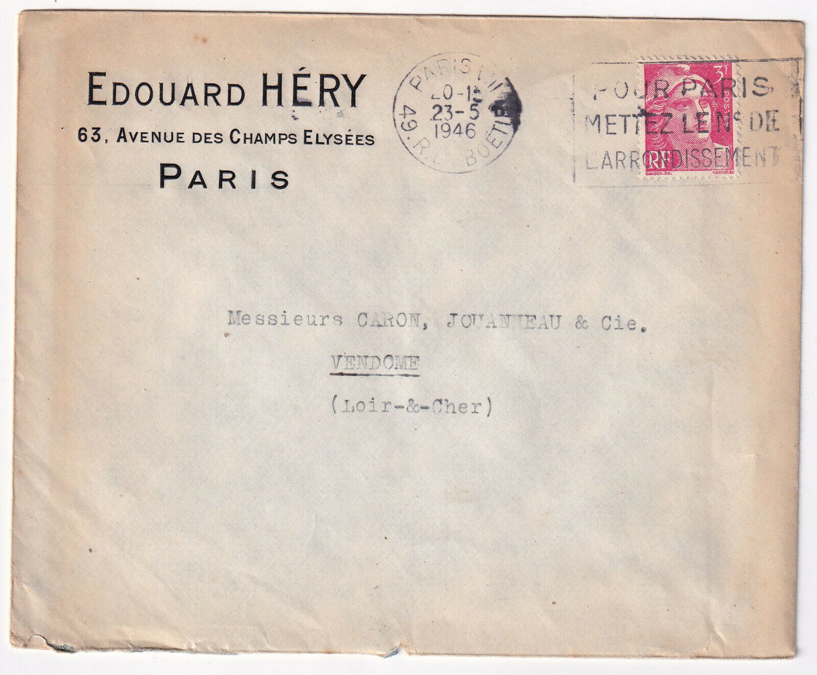 LETTRE PUBLICITAIRE 1946 EDOUARD HERY PARIS ECRITURE EN RELIEF 124959846686