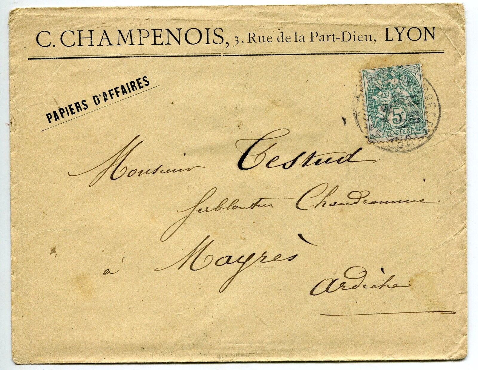 LETTRE PUBLICITAIRE C CHAMPENOIS LYON MAYRES TIMBRE TYPE BLANC N 111 400782765116