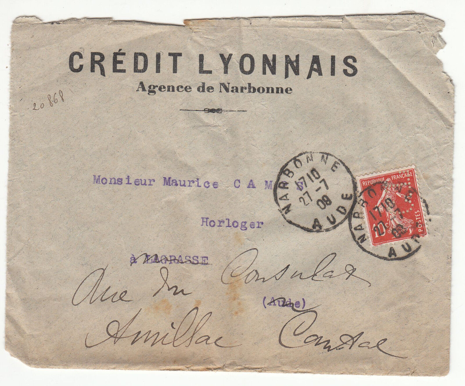 LETTRE PUBLICITAIRE CREDIT LYONNAIS NARBONNE LAGRASSE 1909 SEMEUSE PERFOREE 401462370606