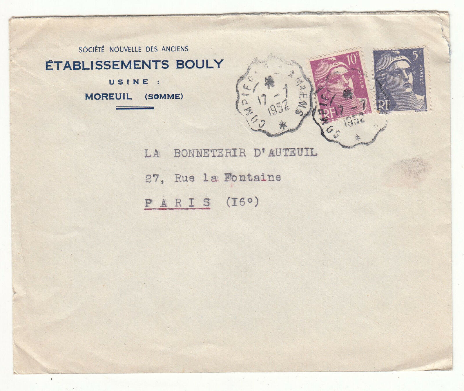 LETTRE PUBLICITAIRE ETABLISSEMENTS BOULY USINE MOREUIL SOMME 1952 GANDON CACHET 401826449176