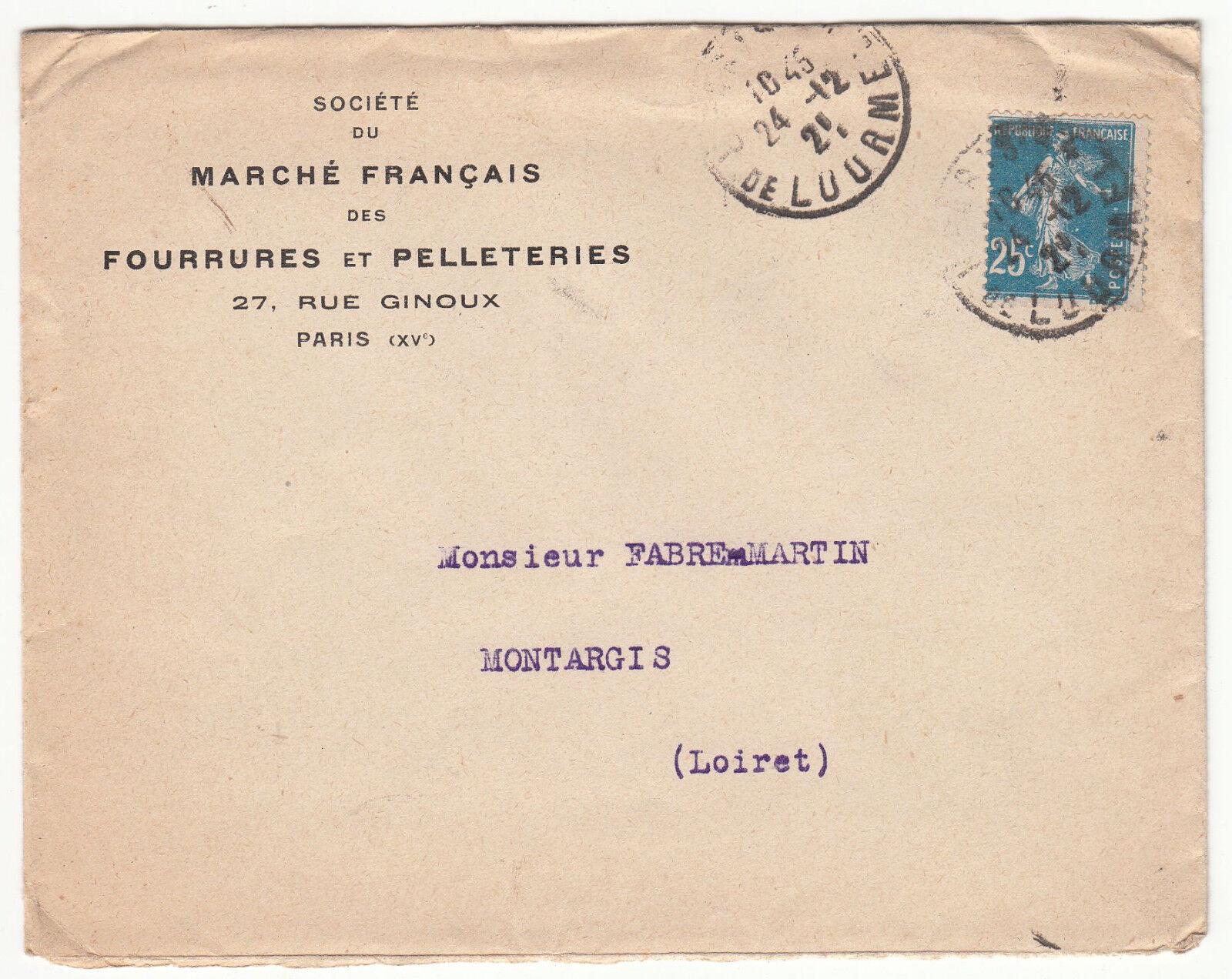 LETTRE PUBLICITAIRE FOURRURES ET PELLETERIES PARIS MONTARGIS 1921 SEMEUSE 122869642686