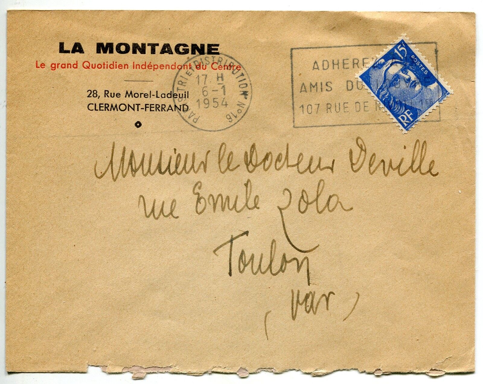 LETTRE PUBLICITAIRE PARIS DISTRIBUTION N16 POUR TOULON 1954 FLAMME 121442555266