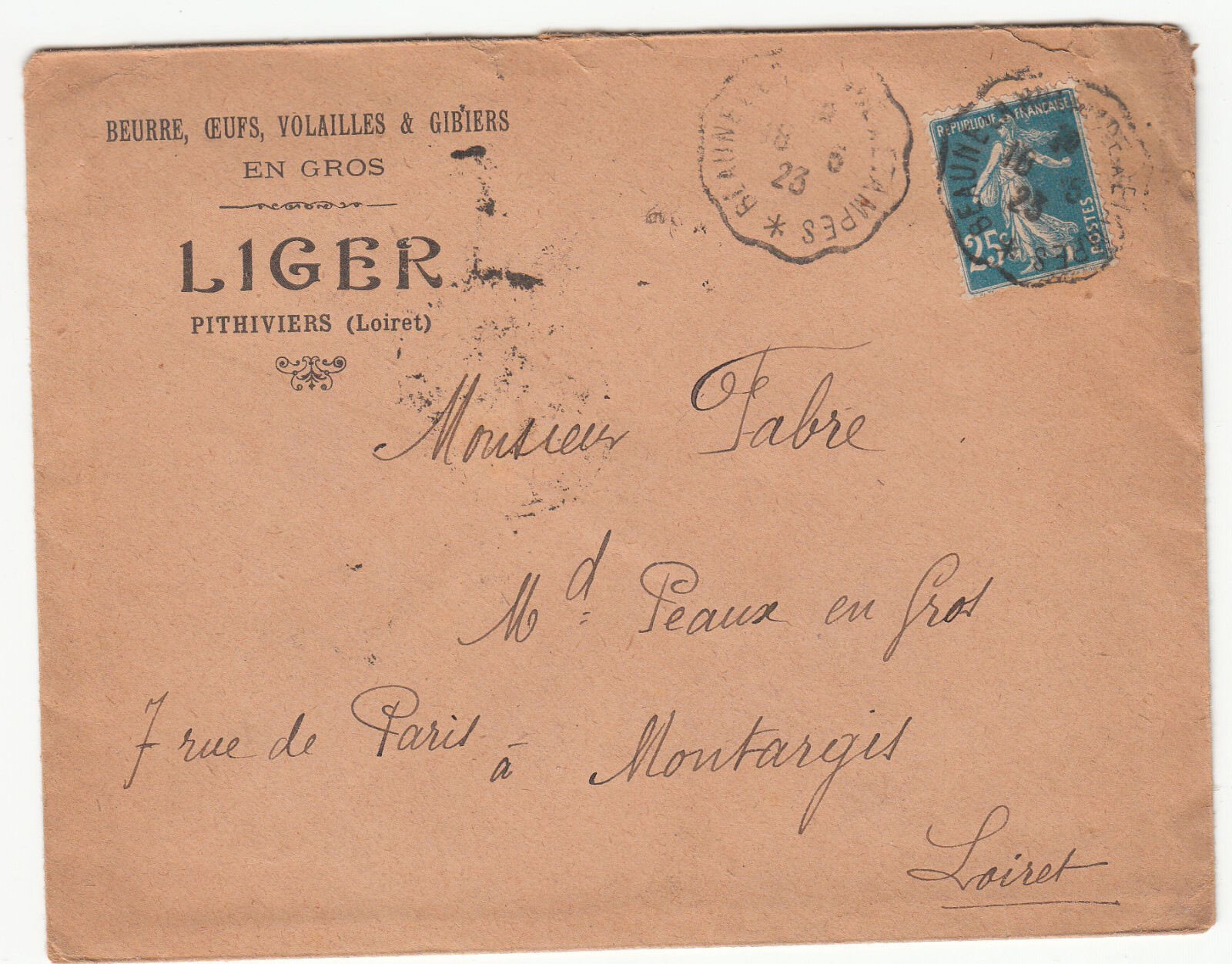 LETTRE PUBLICITAIRE PITHIVIERS MONTARGIS 1923 BEURRE VOLLAILLES LIGER LETTRE 122868144166