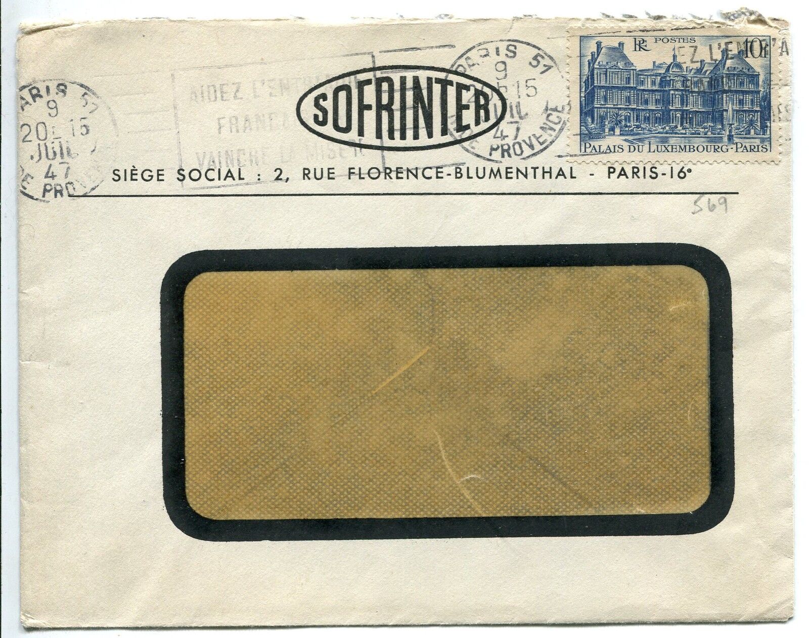 LETTRE PUBLICITAIRE SOFRINTER PARIS 1947 TIMBRE N 760 400782426086