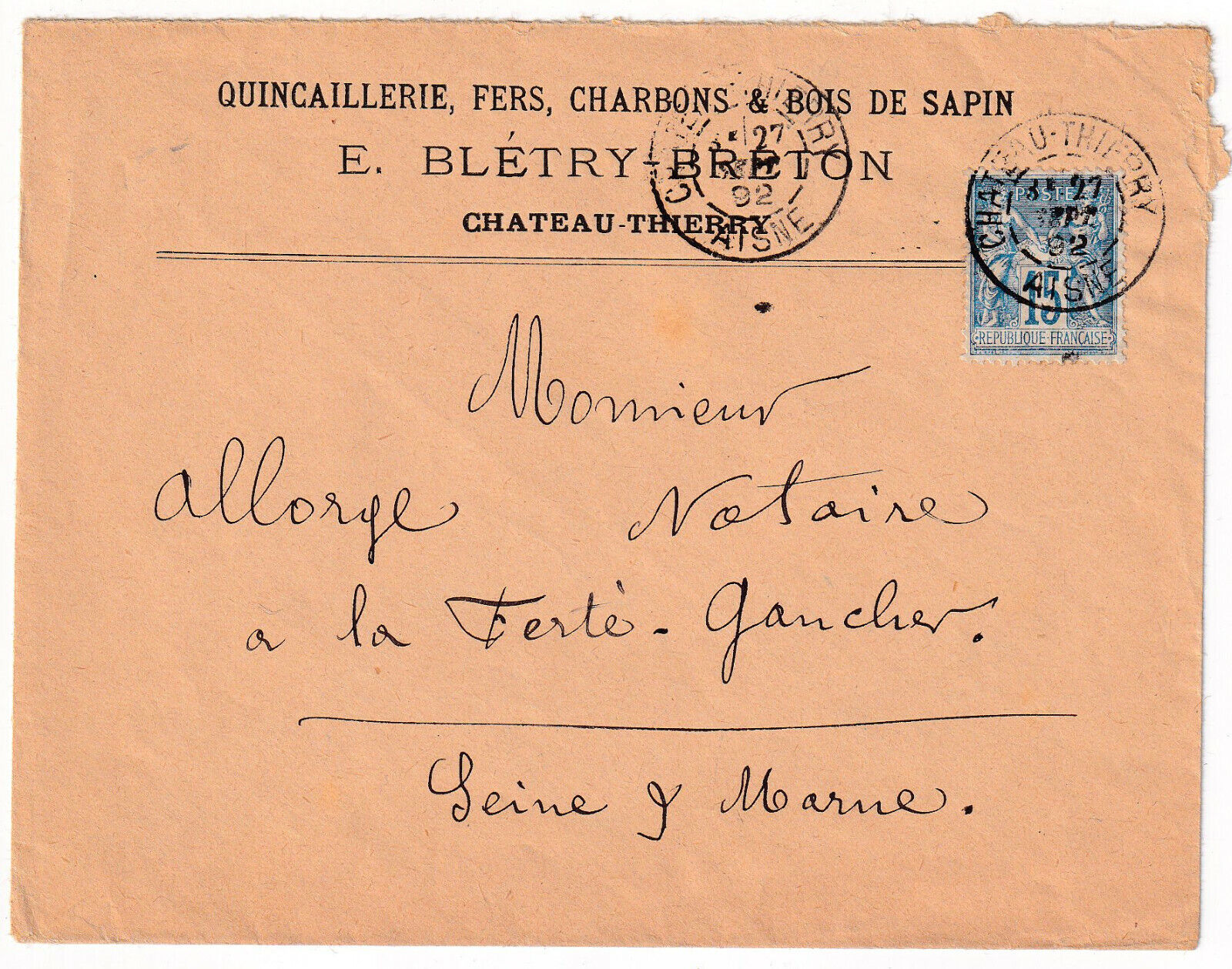 LETTRE QUINCALLERIE BLETRY BRETON CHATEAU THIERRY POUR FERTE GAUCHER 1892 124962952846