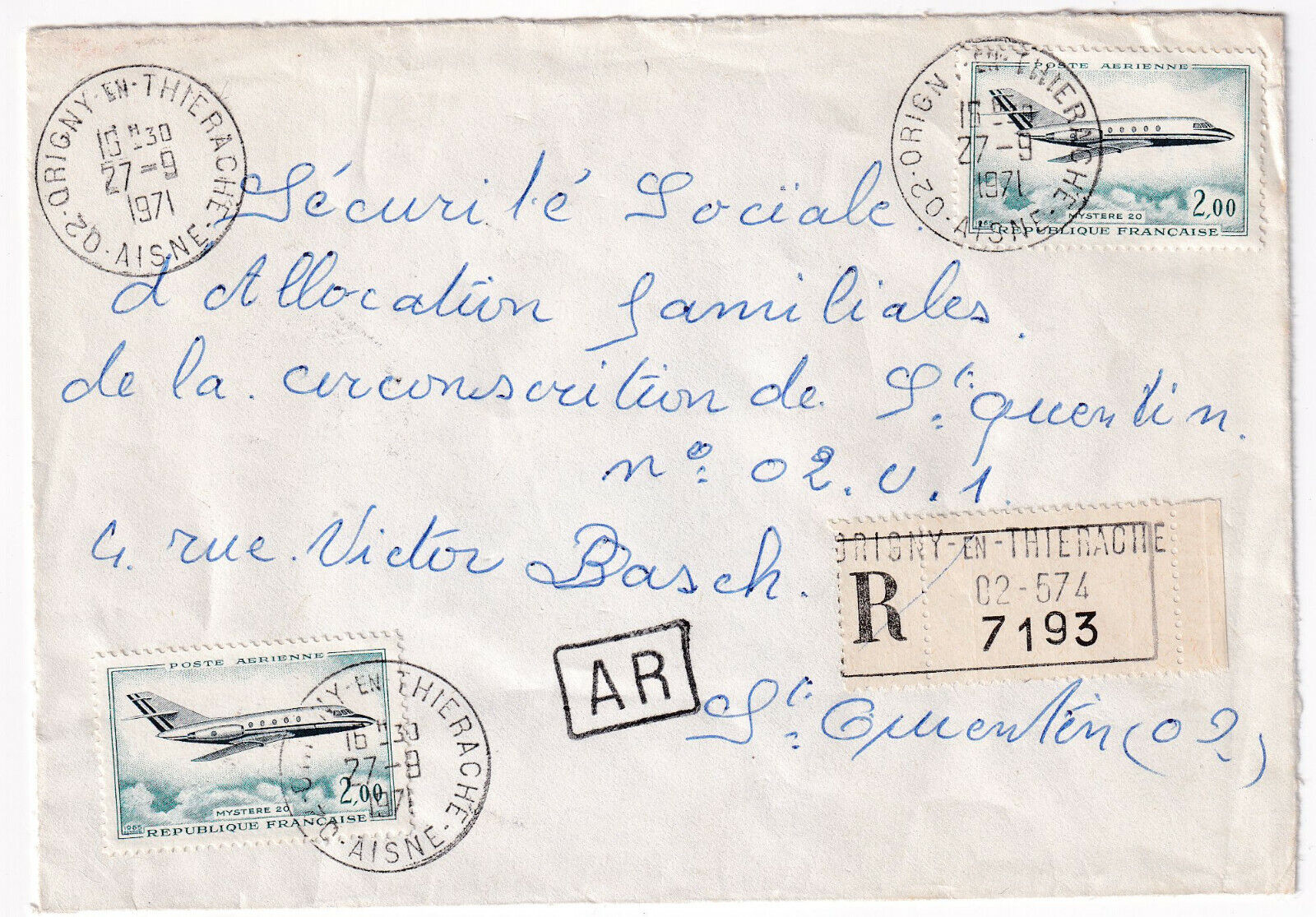 LETTRE RECOMMANDE AR ORIGNY EN THIERACHE 1971 POSTE AERIENNE 125087527656