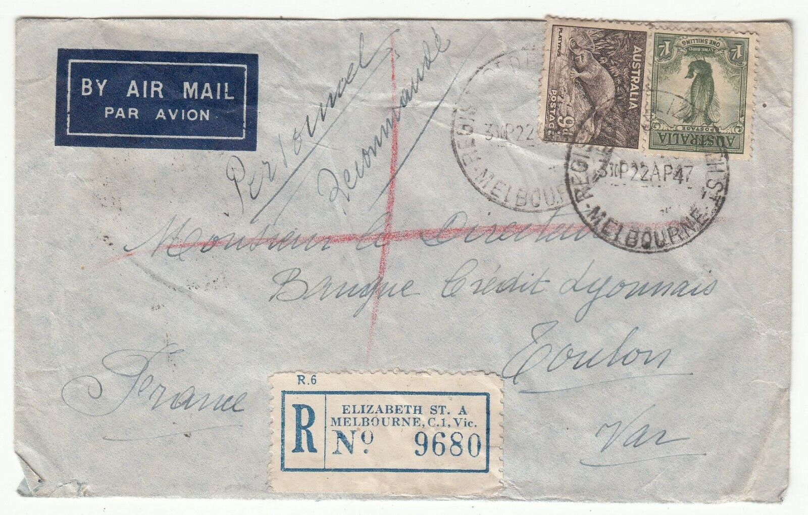 LETTRE RECOMMANDE AUSTRALIE ELIZABETH ST MELBOURNE TOULON 1947 CREDIT LYONNAIS 123748337206