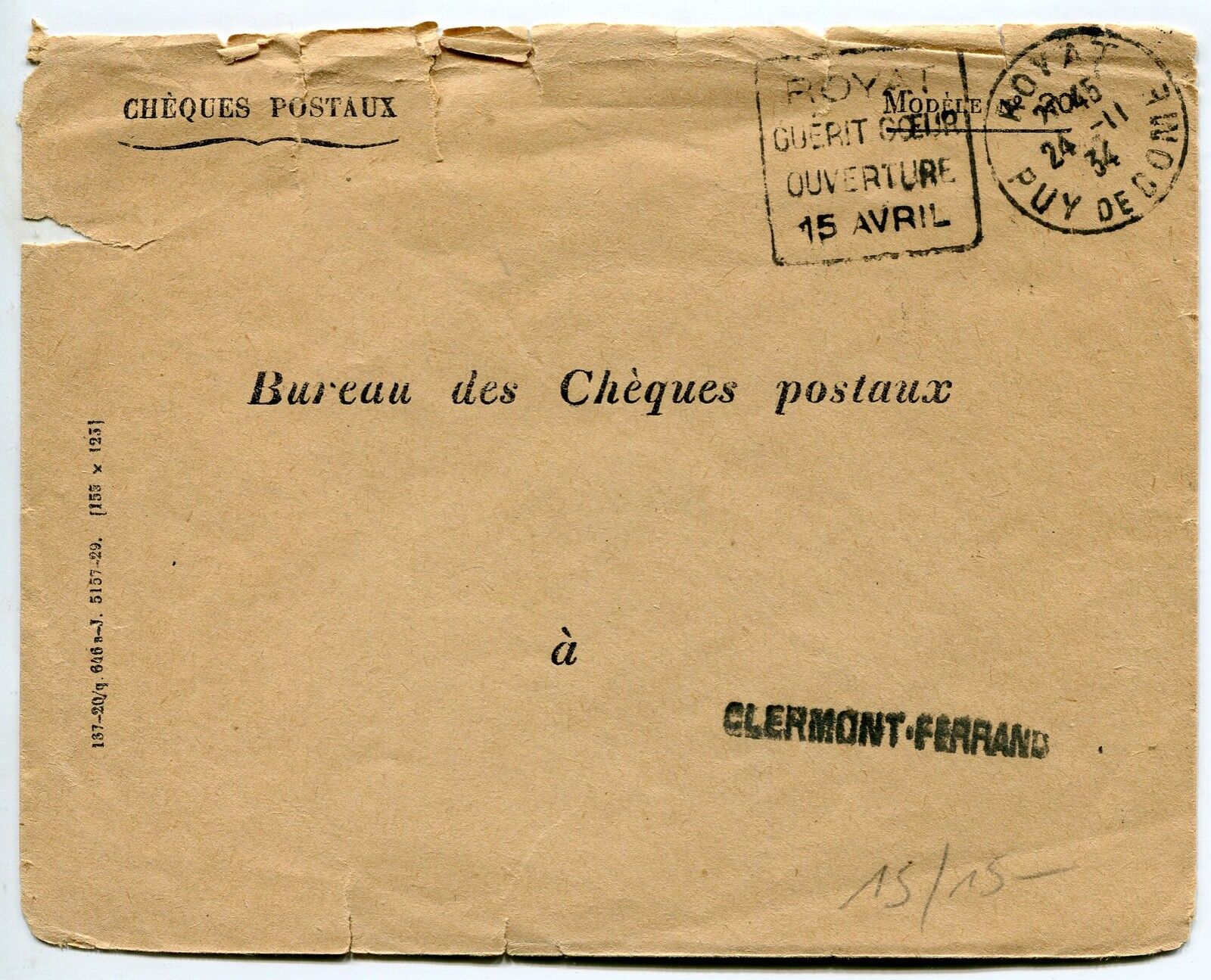 LETTRE ROYAT BUREAU DES CHEQUES POSTAUX A CLERMONT FERRAND 1934 400678766016