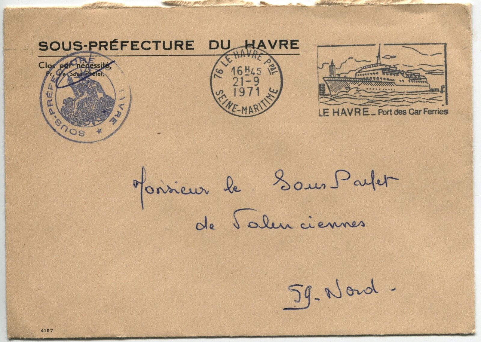 LETTRE SOUS PREFECTURE DU HAVRE POUR LE SOUS PREFET VALENCIENNES 1971 FLAMME 120890213286