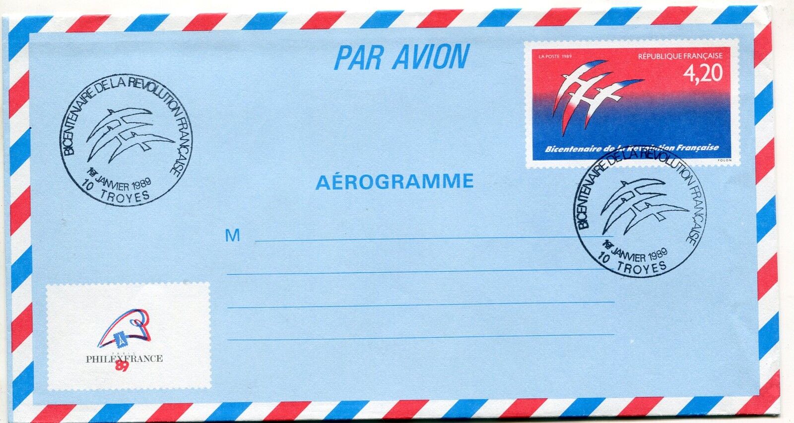 LETTRE TROYES AEROGRAMME PREMIER JOUR BICENTENAIRE REVOLUTION 121170966216