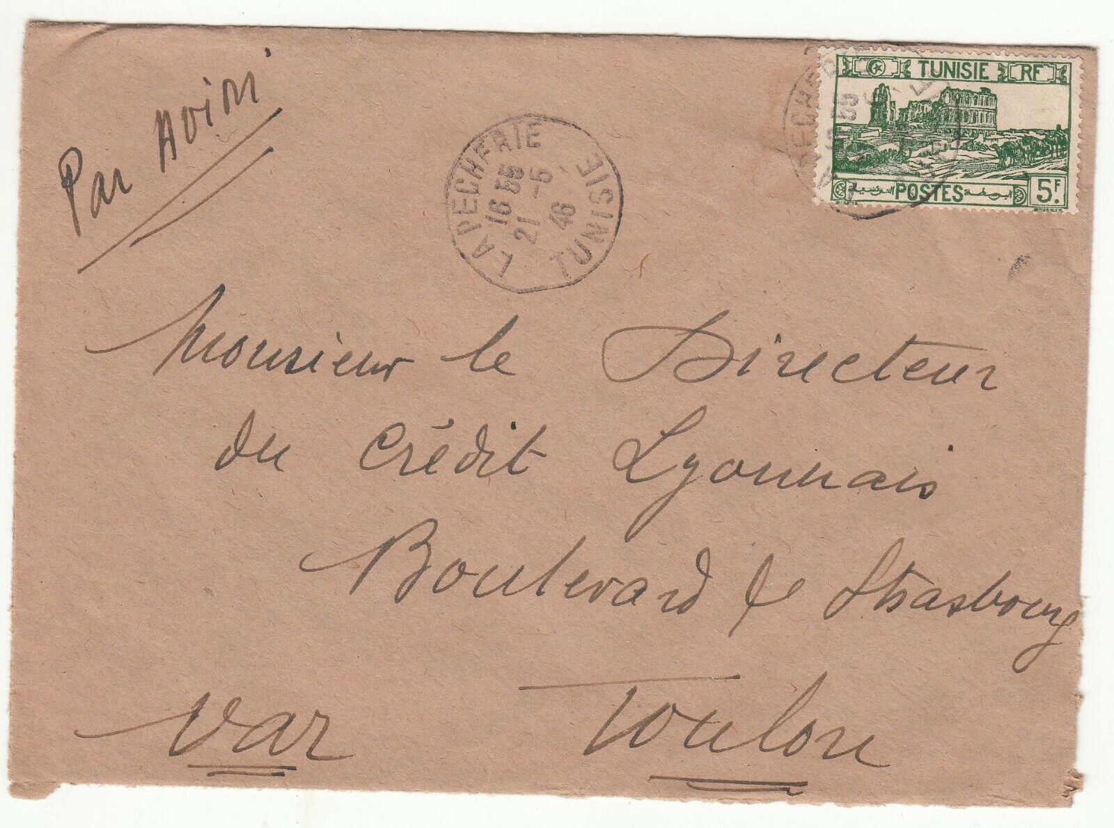 LETTRE TUNISIE LA PECHERIE TOULON 1946 CREDIT LYONNAIS PAR AVION 401755305816