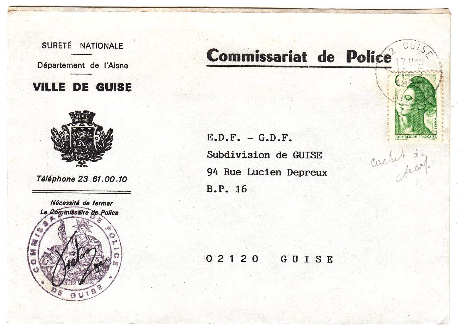 LETTRE VILLE DE GUISE POUR GUISE 1990 COMMISARIAT DE POLICE 124066218276