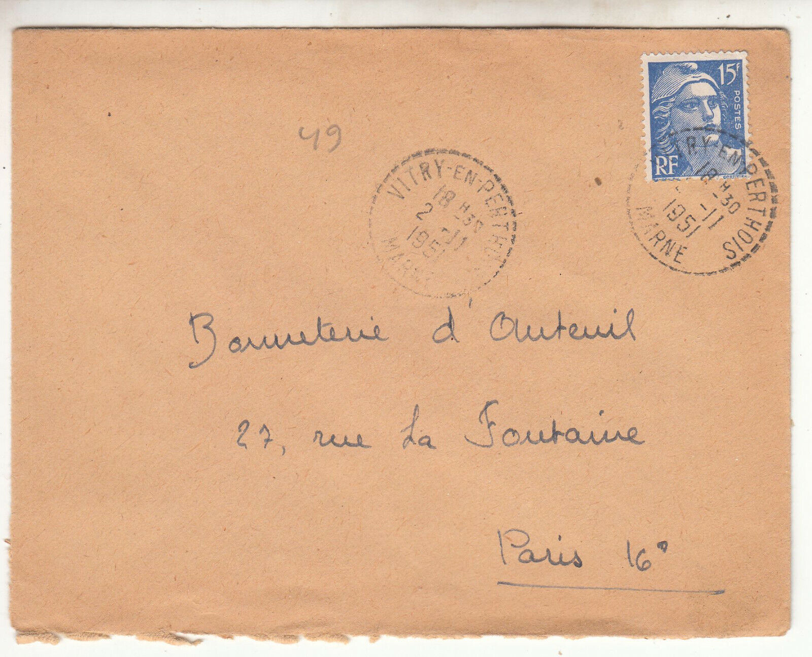 LETTRE VITRY EN PERTHOIS POUR PARIS 1951 GANDON CACHET PERLE 123904009276