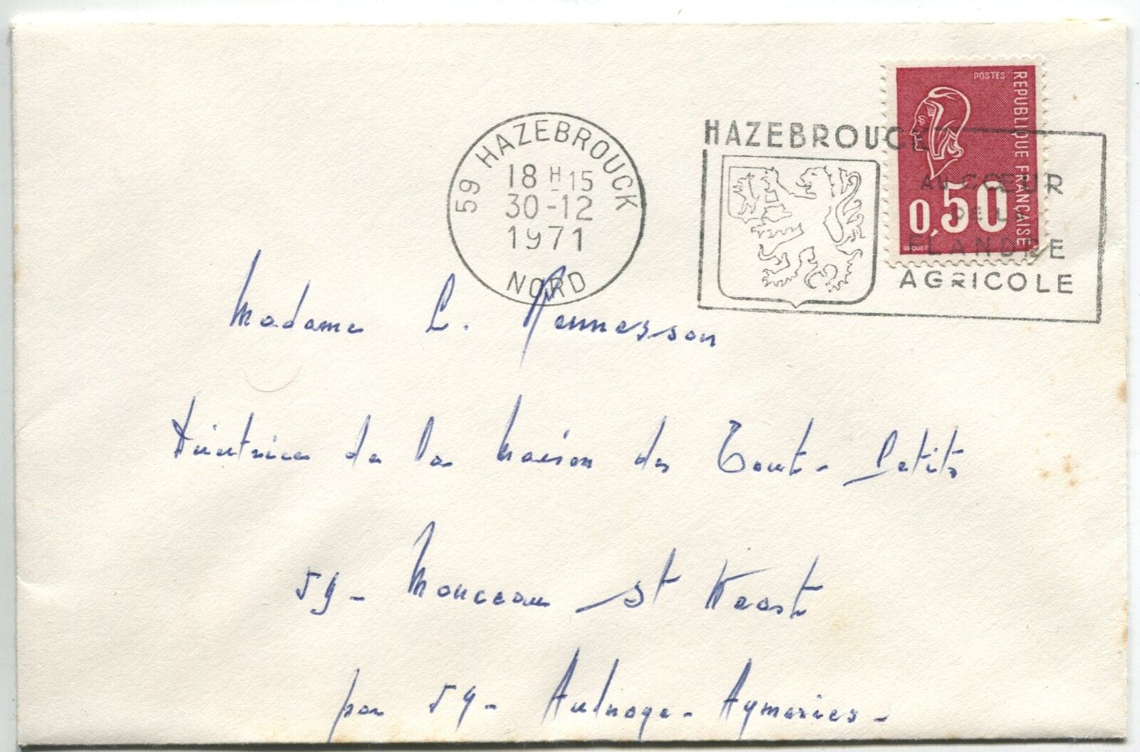 LETTRES HAZEBROUCK POUR AULNOYE AYMERIES 1971 FLAMME 120899865376