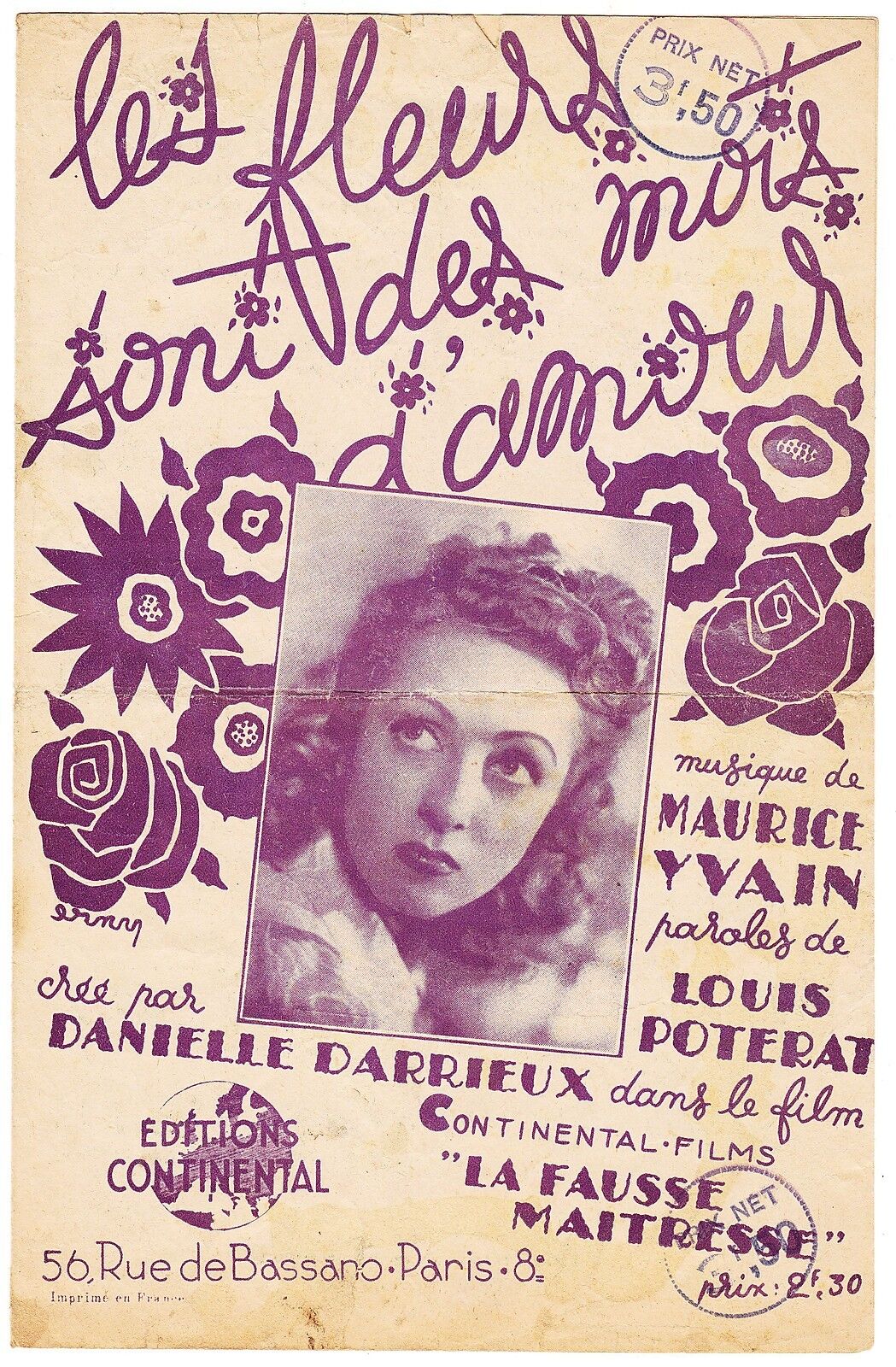PARTITION ANCIENNE LES FLEURS SONT DES MOTS D AMOUR  FILM LA FAUSSE MAITRESSE