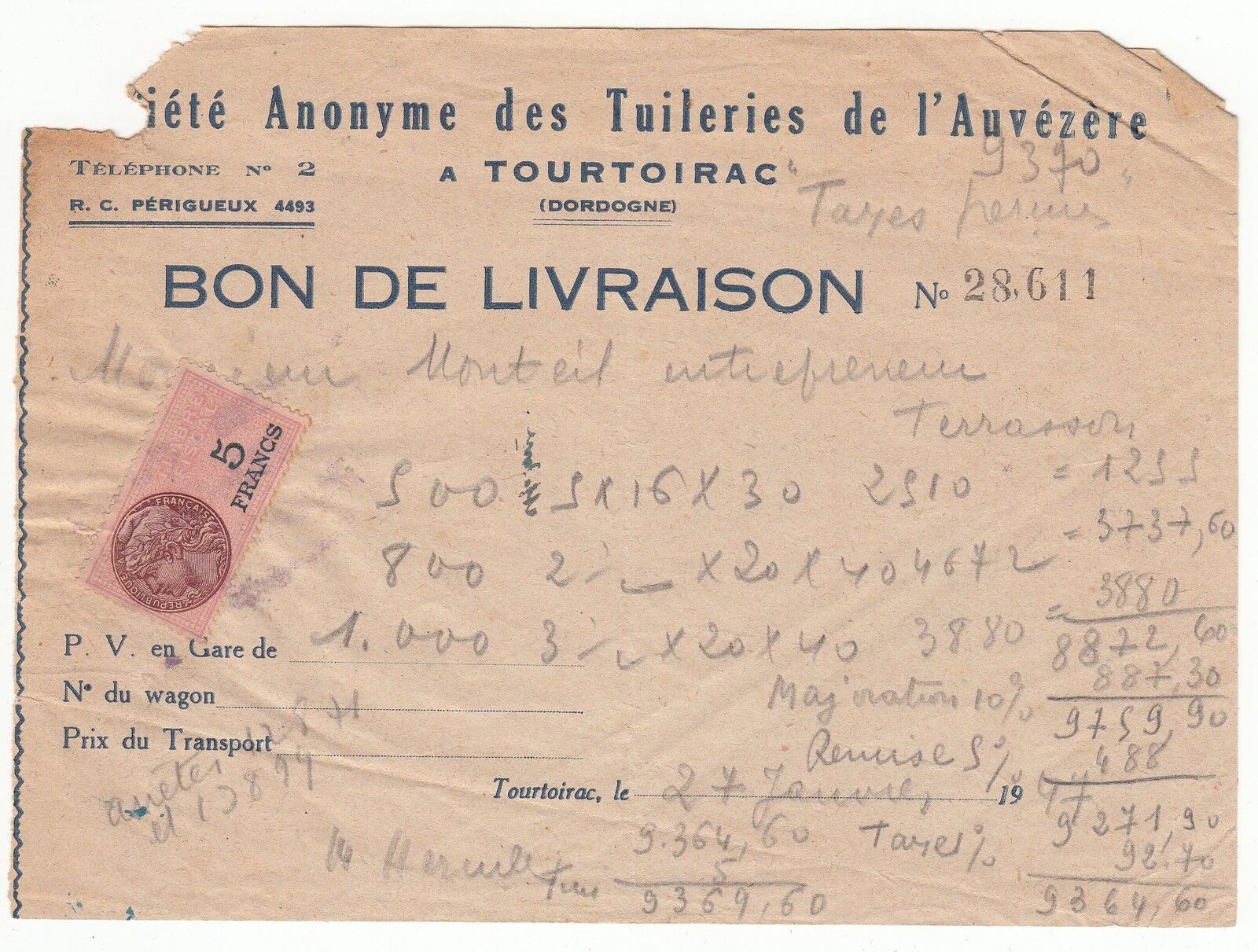 RECU LIVRAISON SC ANONYME DES TUILERIES DE L AUVEZERE TIMBRE FISCAL 121995964956