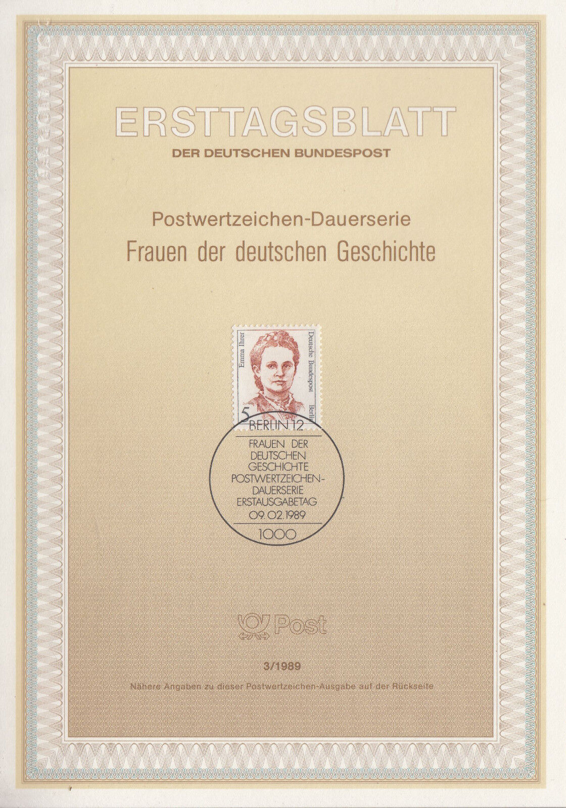 TIMBRE FDC ALLEMAGNE BERLIN OBL ERSTTAGSBLATT EMMA IHRER SYNDICALISTE 1989 122243376066