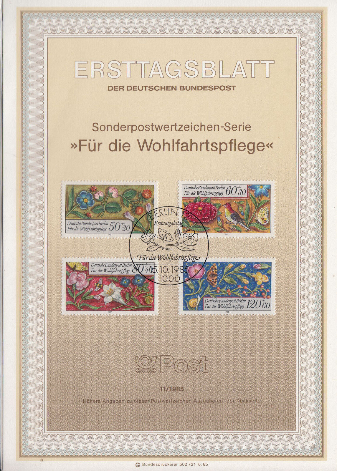 TIMBRE FDC ALLEMAGNE BERLIN OBL ERSTTAGSBLATT FLEURS ET ANIMAUX 1985 122247054216