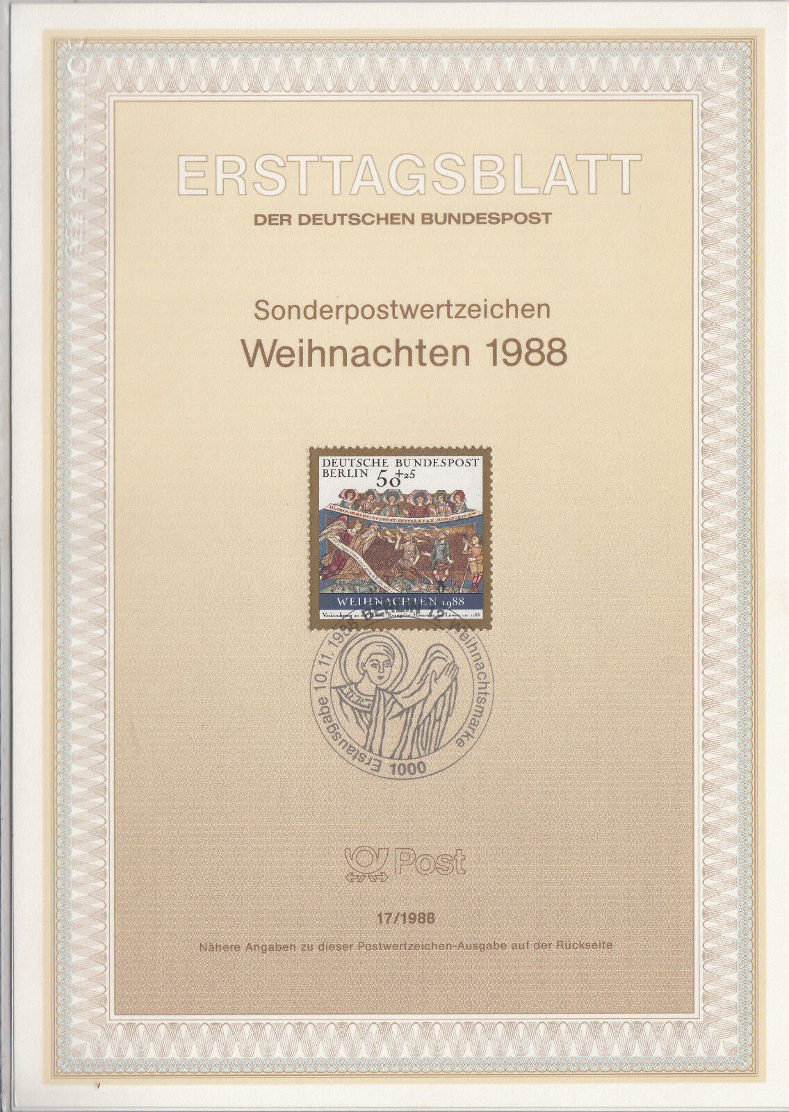 TIMBRE FDC ALLEMAGNE BERLIN OBL ERSTTAGSBLATT NOEL ENLUMINURE DE 1118 1988 122243448936