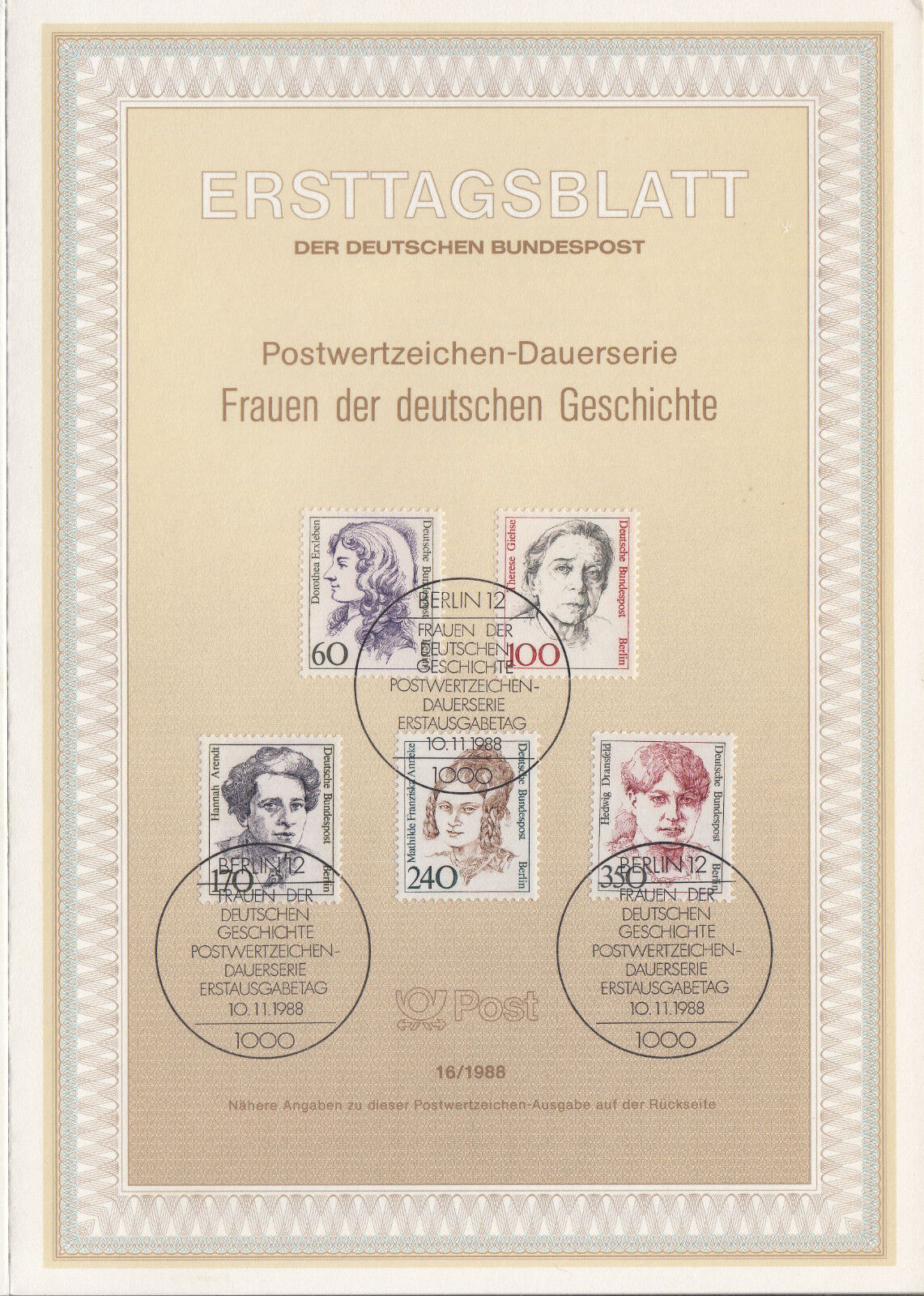 TIMBRE FDC ALLEMAGNE BERLIN OBL ERSTTAGSBLATT SERIE FEMMES HISTOIRE 1988 401233128036