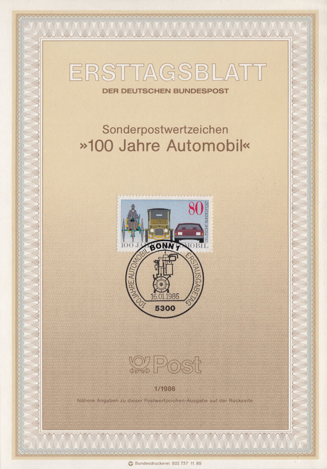 TIMBRE FDC ALLEMAGNE BONN OBL ERSTTAGSBLATT AUTOMOBILE VOITURE 1986 122246562676