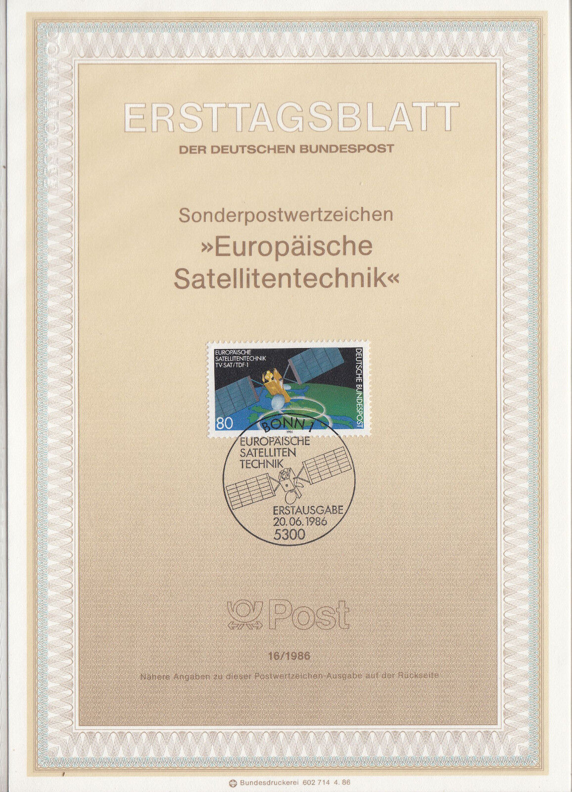 TIMBRE FDC ALLEMAGNE BONN OBL ERSTTAGSBLATT SATELLITE FRANCO ALLEMAND 1986 122246574816