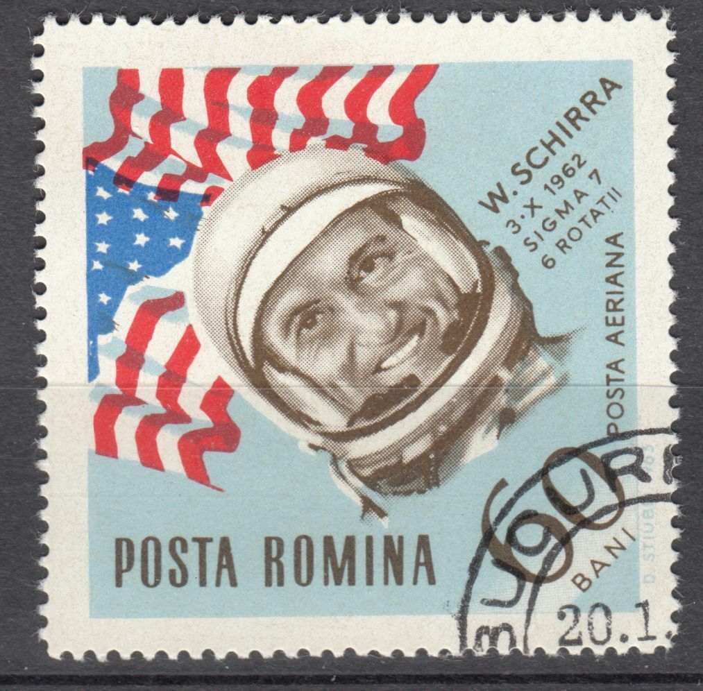 TIMBRE ROUMANIE OBL PA N 195 CONQUETE ESPACE SCHIRRA ET DRAPEAU AMERICAIN 124020637016