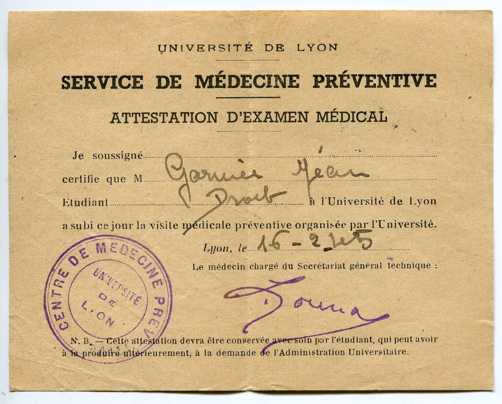 UNIVERSITE DE LYON ATTESTATION SERVICE MEDECINE 1945 ETUDIANT EN DROIT 400765256136