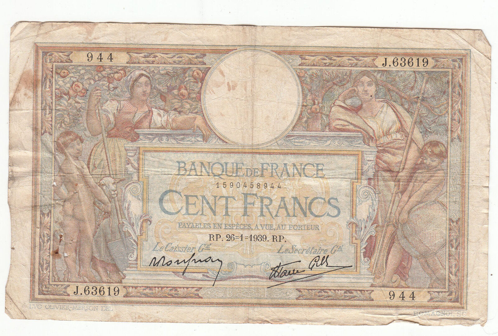 BILLET FRANCE 100 FRANCS MERSON 26 1 1939 j63619 401286677197