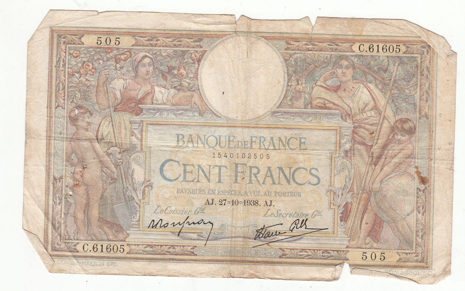 BILLET FRANCE 100 FRANCS MERSON 27 / 10 / 1938 AJ
