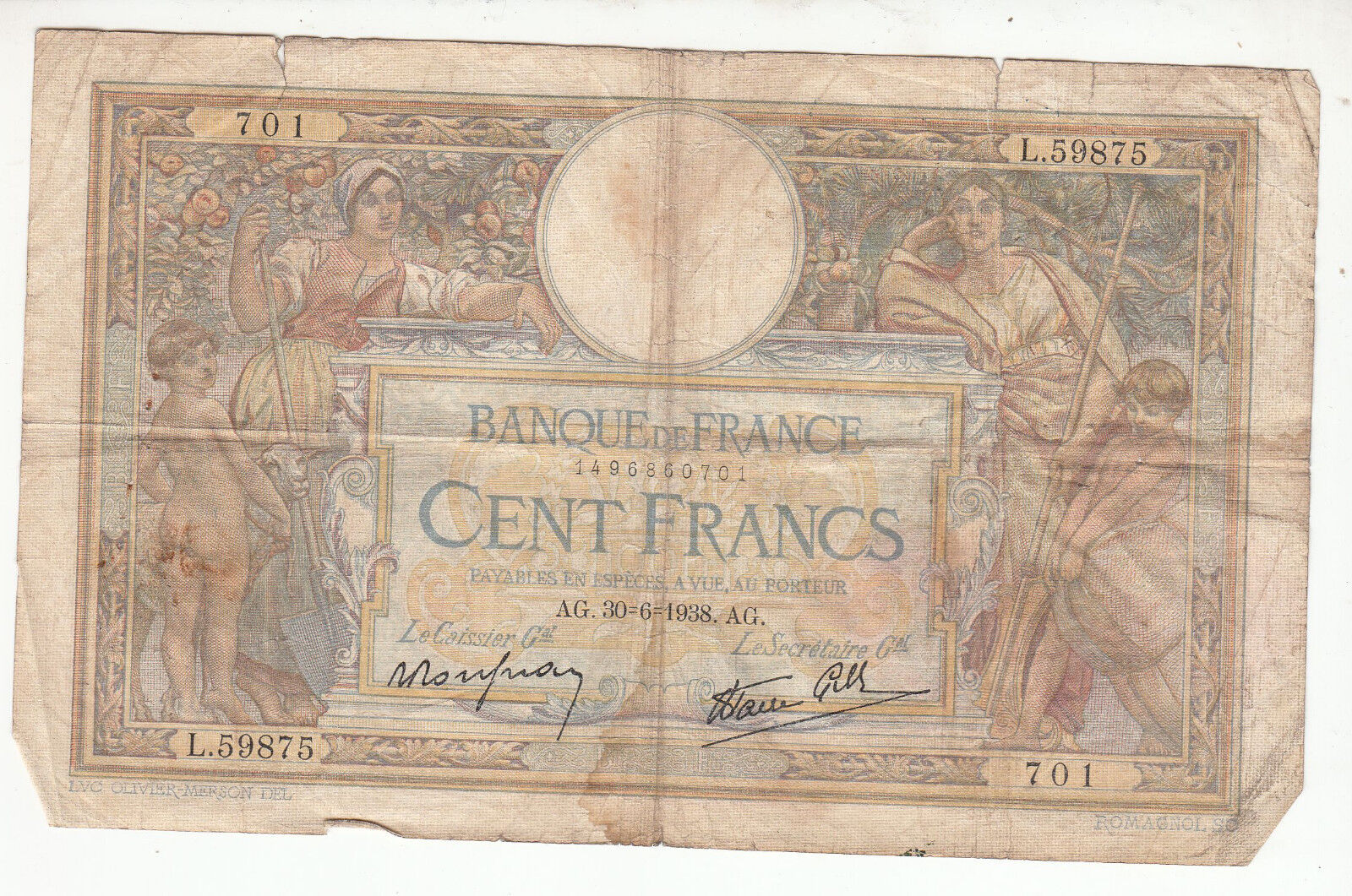 BILLET FRANCE 100 FRANCS MERSON 30 6 1938 AG 122416681137