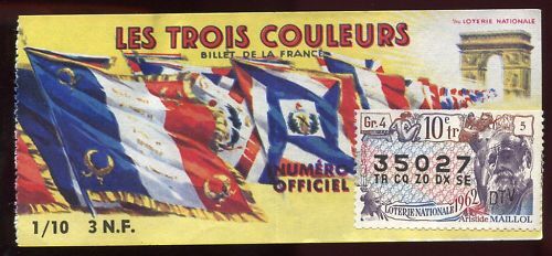 BILLET LOTERIE TROIS COULEURS TIMBRE ARISTIDE MAILLOL 110651109607