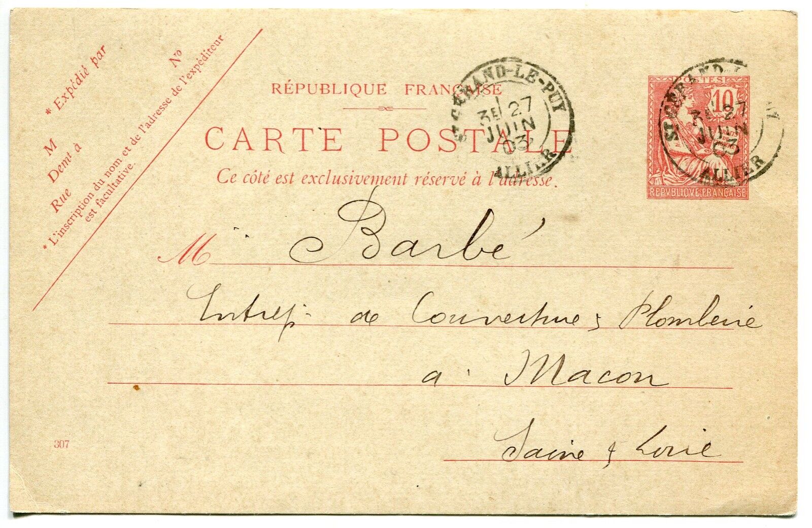 CARTE ENTIER POSTALE 112 CP1 TYPE MOUCHON SAINT GERAN LE PUY 1903 400793693367