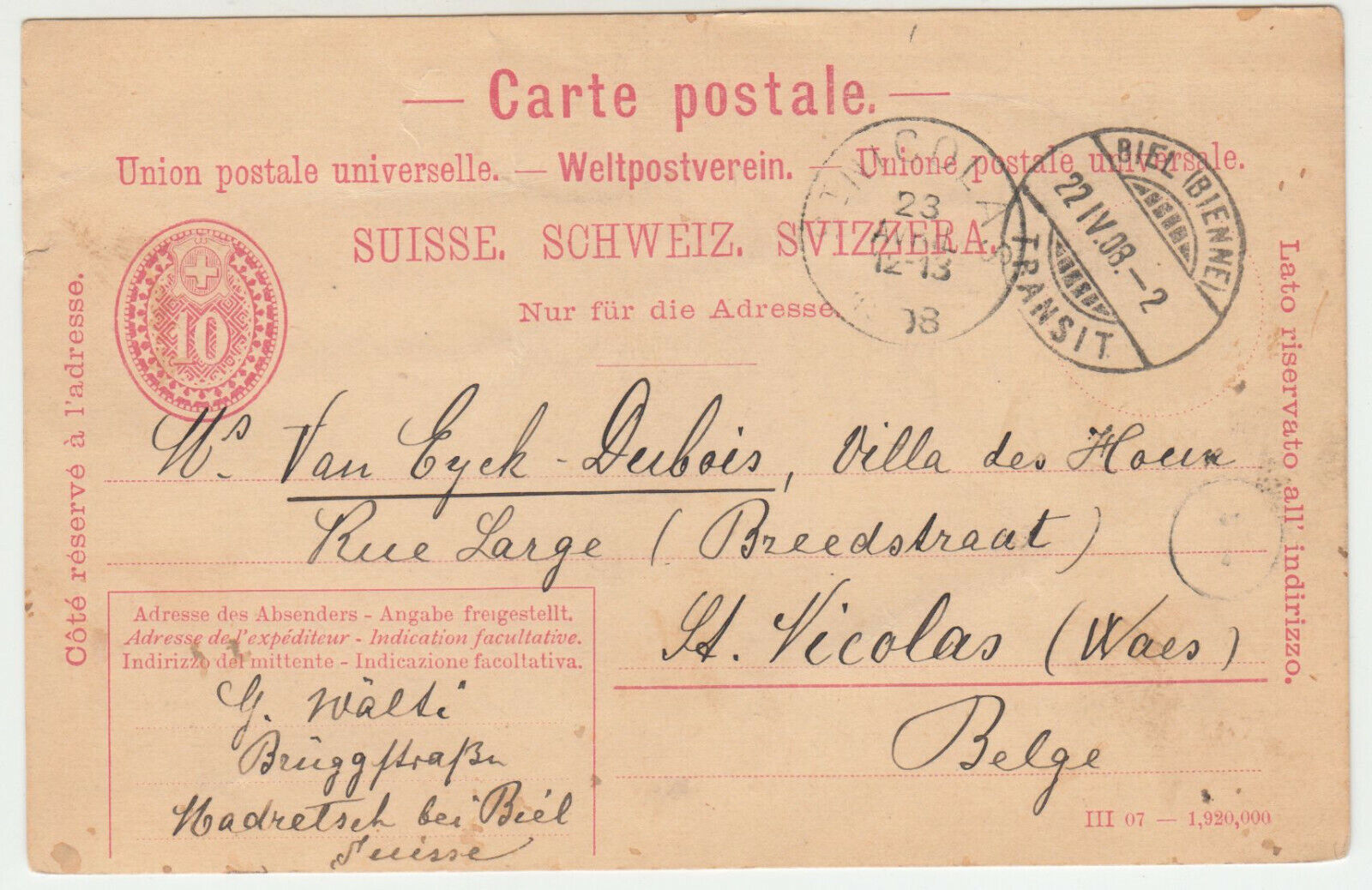 CARTE ENTIER POSTALE SUISSE 1908 BIEL BIENNE POUR ST NICOLAS WAES BELGIQUE 124710084837